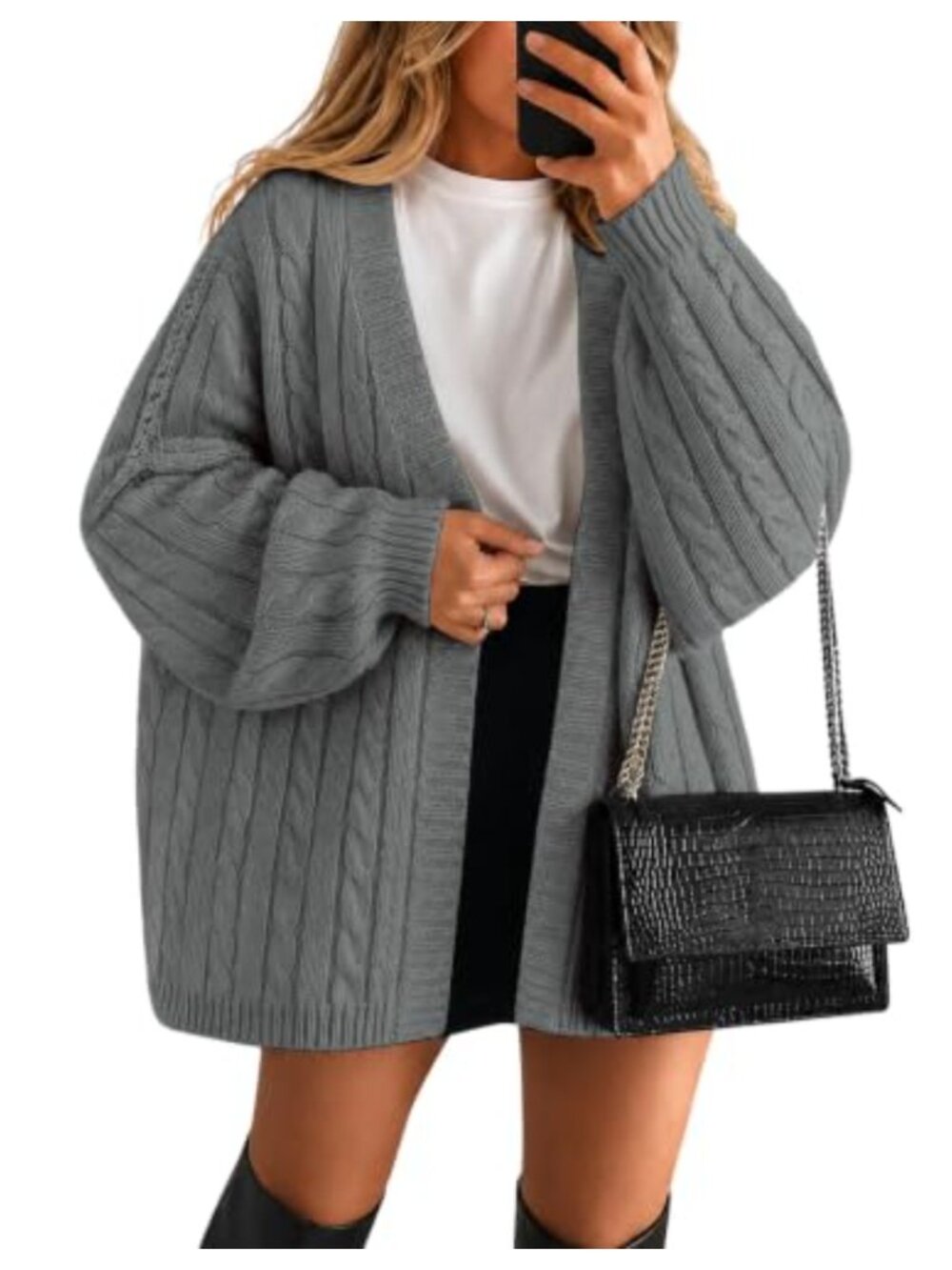 Cable Knit Lantern Sleeve Open Front Oversized Cardigan Sweater